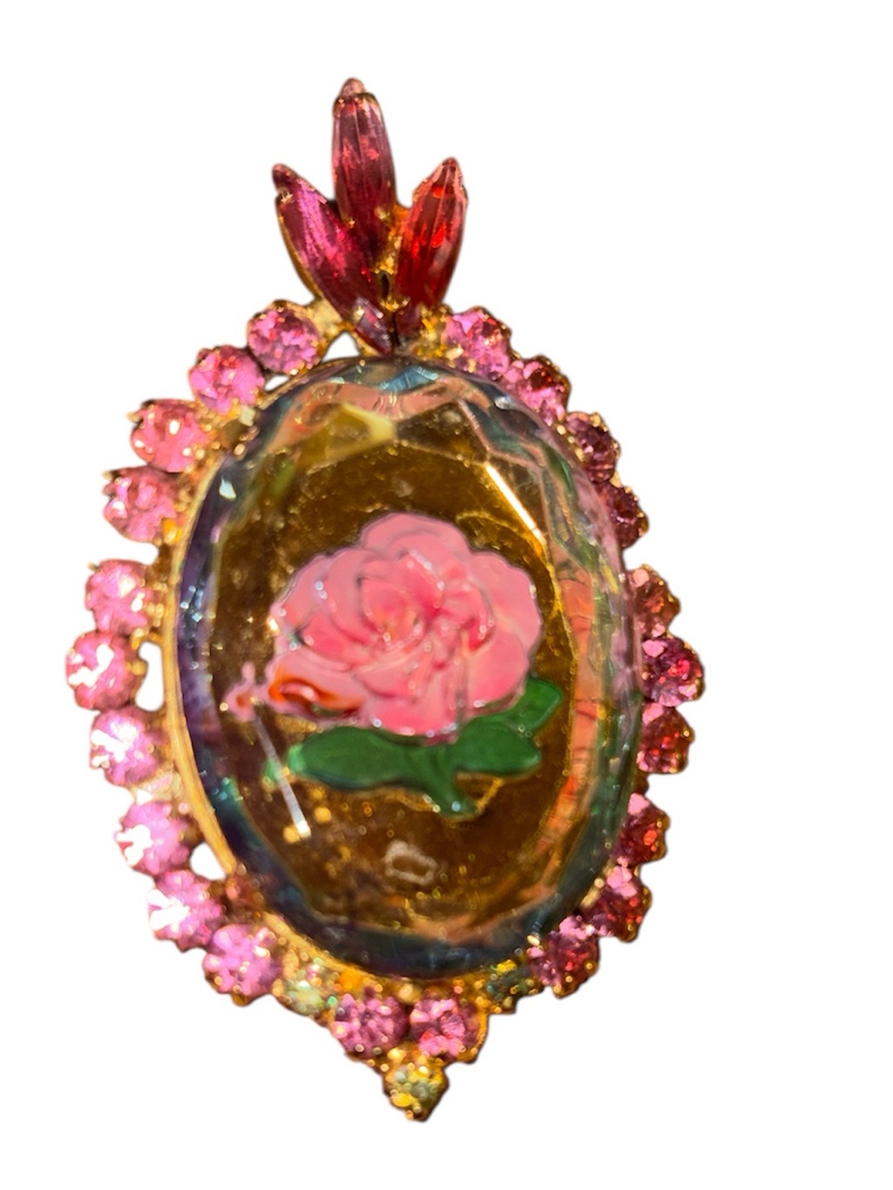 VINTAGE JULIANA RHINESTONE ROSE AZALEA INTAGLIO REVERSE CARVED PIN BROOCH 60/70s - Picture 7 of 7